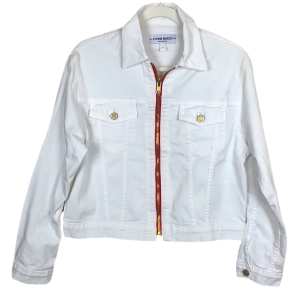 White Etienne Marcel Denim Jacket and Jeans both with Red Zipper - Picture 4 of 13